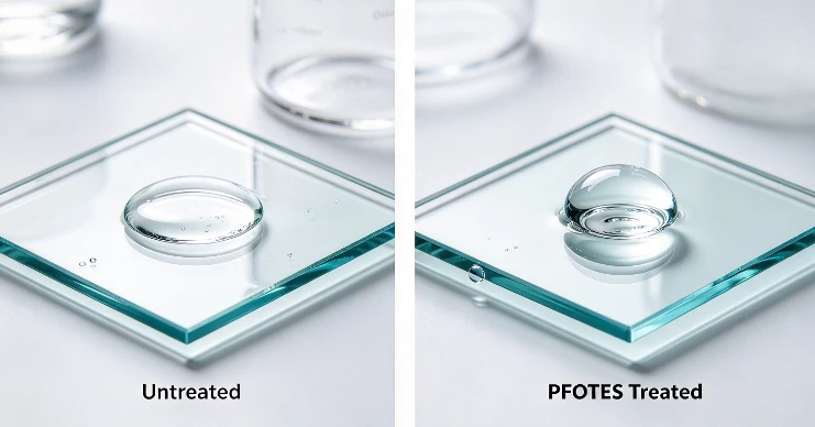 Water droplet contact angle comparison: untreated glass vs PFOTES treated glass surface Water droplet contact angle comparison: untreated glass vs PFOTES treated glass surface